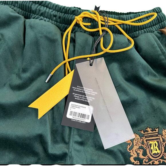 Men's Rhude NWT Forest Green Brown Crest Embroidered Velvet Track Pants Size L - Picture 5 of 6